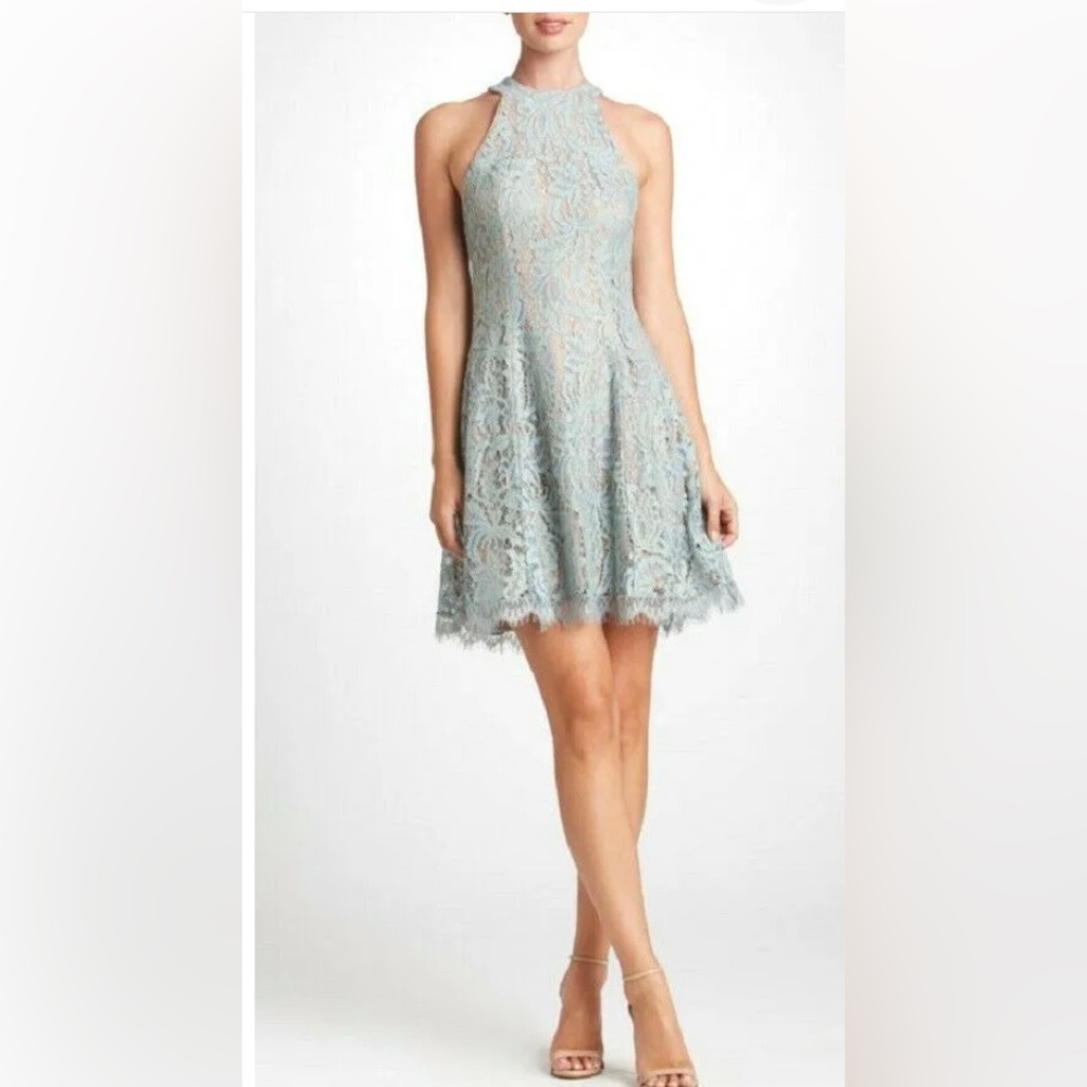 DRESS THE POPULATION “Angie” Halter Blue Shimmer Lace Dress